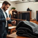 Craftsman creating bespoke custom made suits with quality fabric in a tailored setting.
