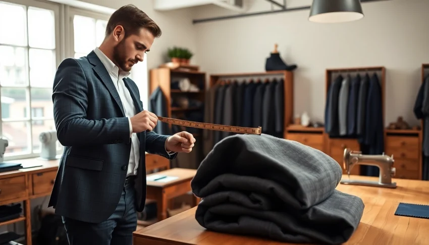 Craftsman creating bespoke custom made suits with quality fabric in a tailored setting.