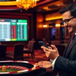 Gambler analyzing live sports odds on 7m.cn at a luxurious casino interface.