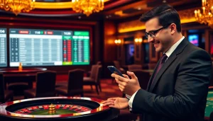 Gambler analyzing live sports odds on 7m.cn at a luxurious casino interface.