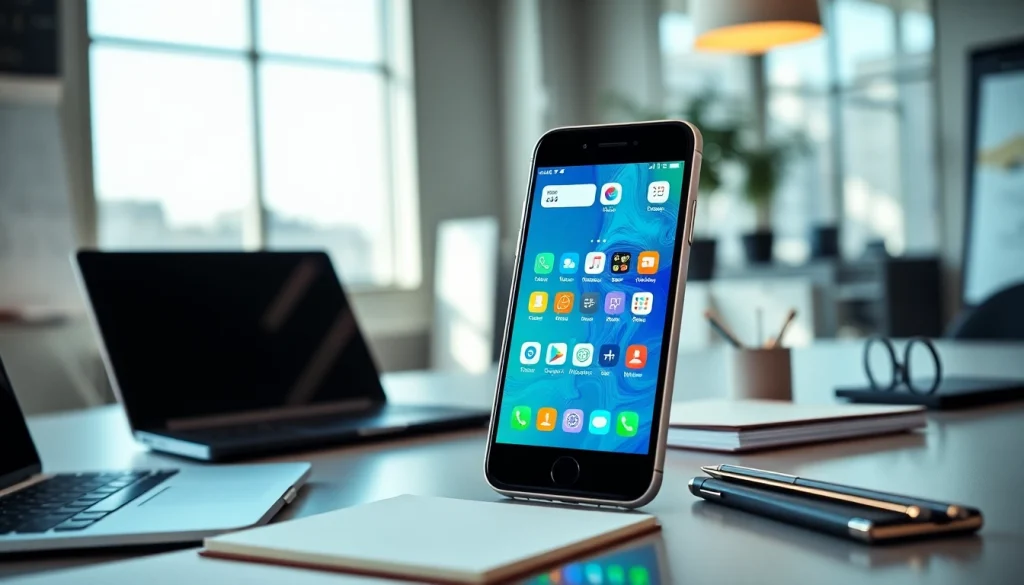 Showcase engaging mobile apps features on a smartphone in a modern office setting.