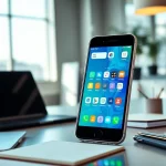 Showcase engaging mobile apps features on a smartphone in a modern office setting.