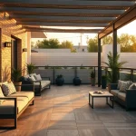 Belle terrasse extérieure présentant une variété de styles de carrelage extérieur au coucher du soleil, accentuant la vie en plein air.