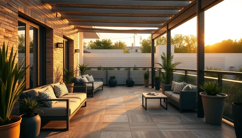 Belle terrasse extérieure présentant une variété de styles de carrelage extérieur au coucher du soleil, accentuant la vie en plein air.