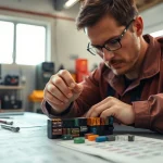 Automotive electrician replacing a blown fuse at https://bezpieczniki24.pl service in a bright garage.