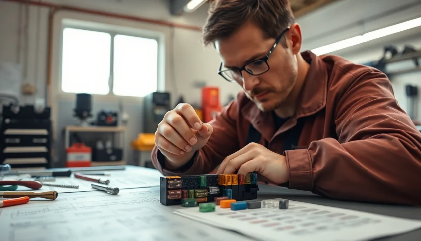Automotive electrician replacing a blown fuse at https://bezpieczniki24.pl service in a bright garage.