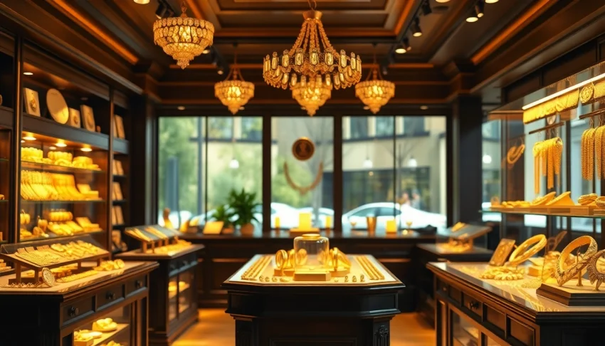 Goldankauf Hannover bietet hochwertigen Service im eleganten Schmuckgeschäft mit funkelnden Goldstücken.