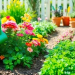 Gardening tools and vibrant plants in a cheerful garden setting.