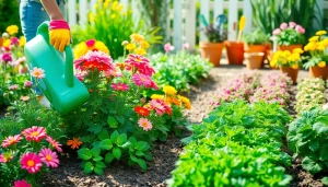 Gardening tools and vibrant plants in a cheerful garden setting.