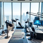 Check out hometownstation.com showcasing a modern radio broadcasting studio filled with professional equipment.