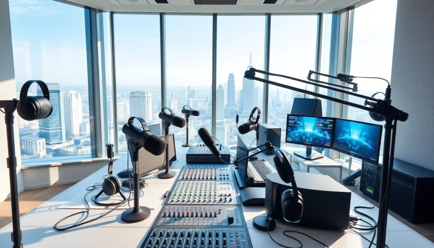 Check out hometownstation.com showcasing a modern radio broadcasting studio filled with professional equipment.