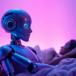 Embracing ai sex with a humanoid robot in a cozy, inviting tech-inspired setting.
