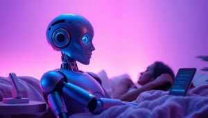Embracing ai sex with a humanoid robot in a cozy, inviting tech-inspired setting.