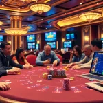 Players enjoying a thrilling game at xx88 casino table with vibrant poker chips and a professional dealer.