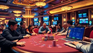 Players enjoying a thrilling game at xx88 casino table with vibrant poker chips and a professional dealer.