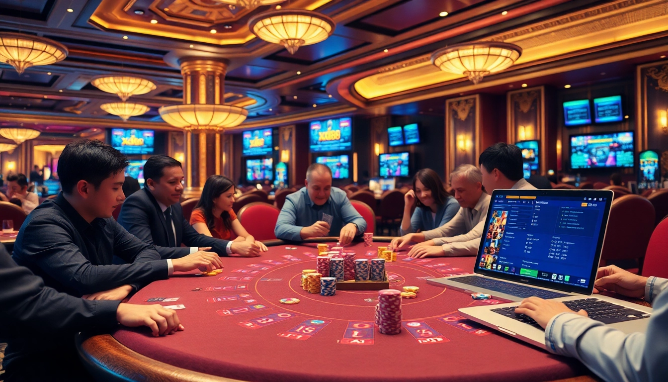 Players enjoying a thrilling game at xx88 casino table with vibrant poker chips and a professional dealer.