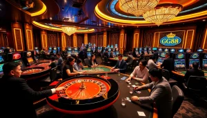 Players enjoying diverse games at GG88's luxurious casino, strategically engaged at tables.