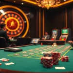 Players enjoying a thrilling gaming experience at VN88 casino table with chips and slot machines.
