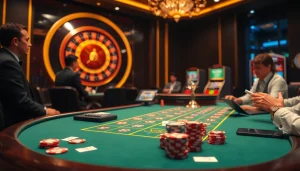 Players enjoying a thrilling gaming experience at VN88 casino table with chips and slot machines.