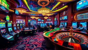 Players enjoying diverse gambling experiences at VN88 casino, featuring vibrant slot machines and poker tables.