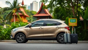 Kuching car hire with a well-maintained rental car amidst the tropical scenery.