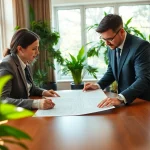 Real Estate agent reviewing plans with clients in a bright, modern office setting.