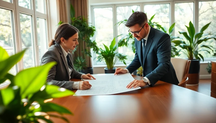Real Estate agent reviewing plans with clients in a bright, modern office setting.