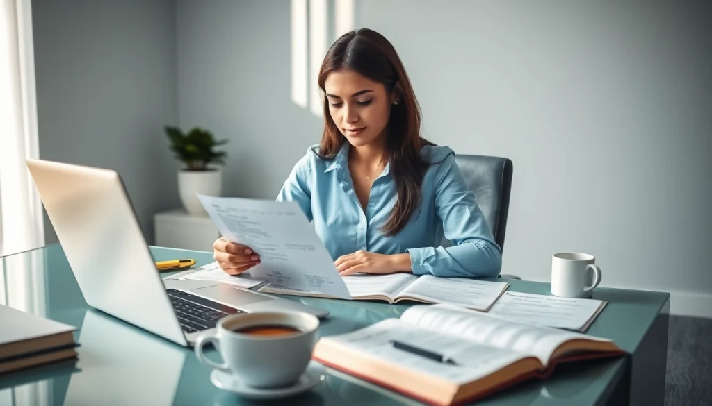 Professional translator focusing on traducción jurada in a modern office.