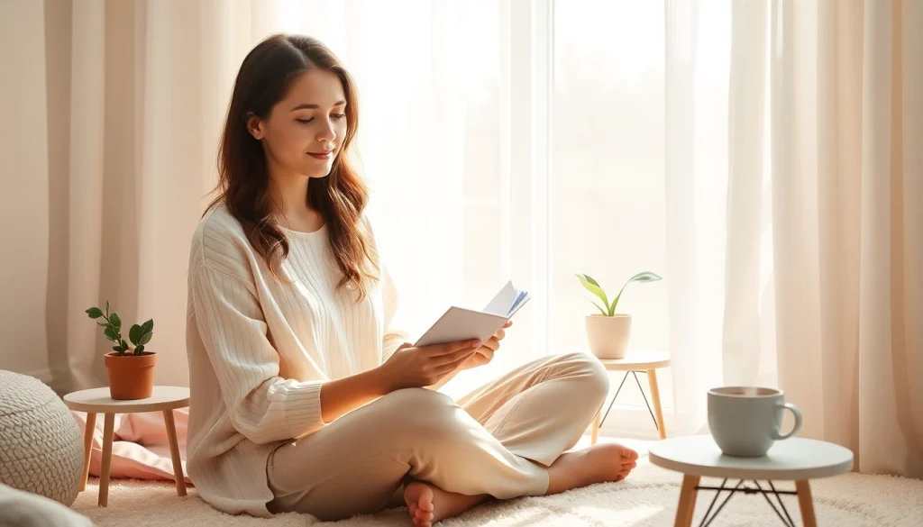 A mother using a mood tracker for mothers in a calming ambiance, journaling her emotions.