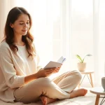 A mother using a mood tracker for mothers in a calming ambiance, journaling her emotions.