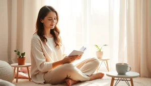 A mother using a mood tracker for mothers in a calming ambiance, journaling her emotions.