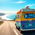 A camper van from https://fernweh-abenteuer.de journeys along a stunning coastal highway filled with vibrant landscapes.