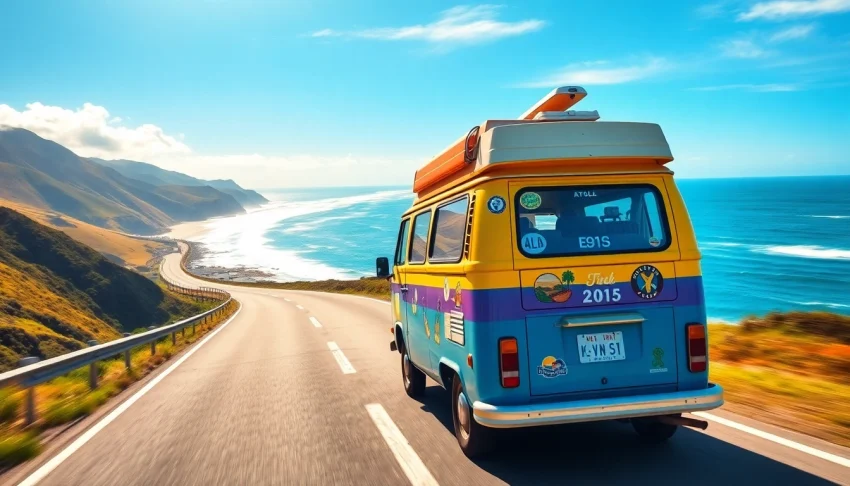 A camper van from https://fernweh-abenteuer.de journeys along a stunning coastal highway filled with vibrant landscapes.