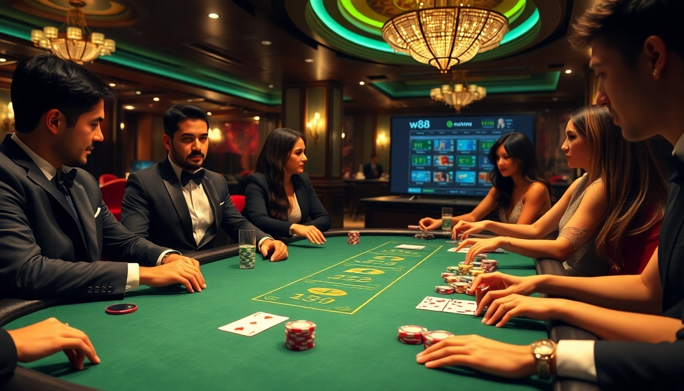 W88 provides a thrilling atmosphere with players engaging in high-stakes poker at a luxury casino table.