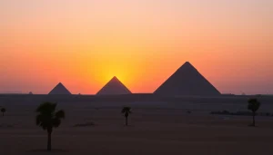 Discover the breathtaking Giza Pyramids sunset imagery related to https://emegypt.net's historical significance.