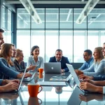 Engaging business professionals collaborating in a modern office environment.