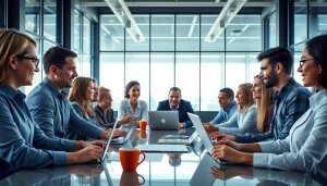 Engaging business professionals collaborating in a modern office environment.