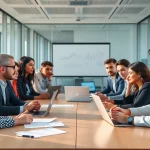 Engaged professionals in a business setting discussing strategies and ideas.
