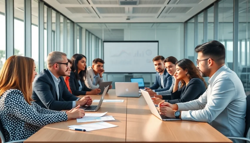 Engaged professionals in a business setting discussing strategies and ideas.