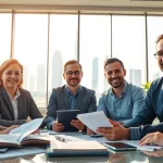 Accounting firm in Abu Dhabi team collaborating in a modern office with urban skyline.