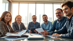 Accounting firm in Abu Dhabi team collaborating in a modern office with urban skyline.