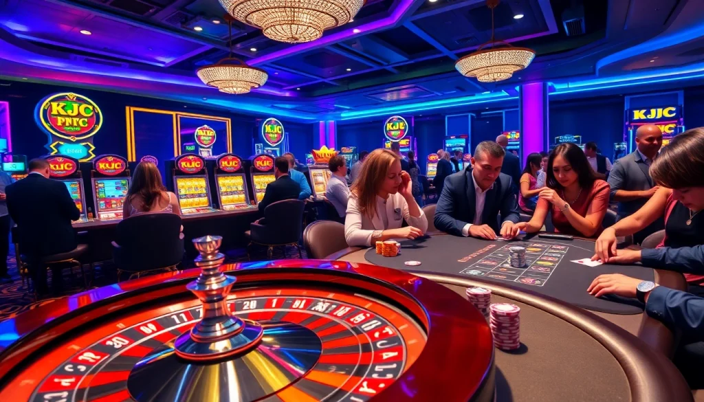 KJC branding enhances an exciting casino scene with roulette, poker, and slot games.