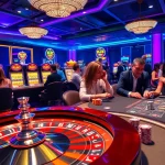 KJC branding enhances an exciting casino scene with roulette, poker, and slot games.
