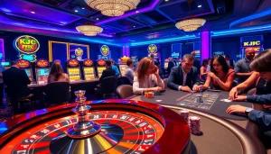 KJC branding enhances an exciting casino scene with roulette, poker, and slot games.