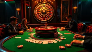 Experience a thrilling game of poker at RAJABARONG casino with vibrant chips and elegant players.