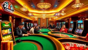 Players enjoying 32WIN's casino games amidst an exciting atmosphere of poker and slot machines.