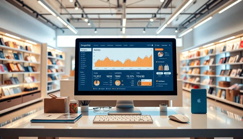 Visually engage with the concept of deviens-dropshipper.fr through a professional dropshipping workspace setup.