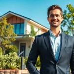 Real Estate agent presenting a successful property sale, showcasing modern architecture.
