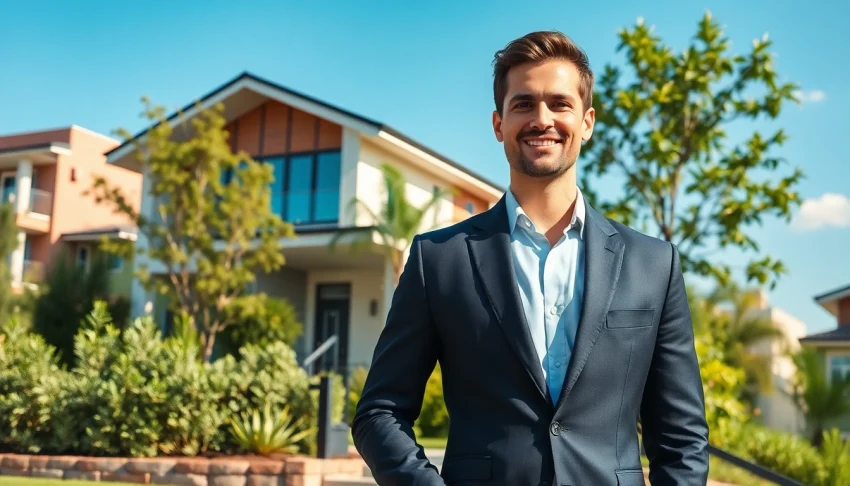 Real Estate agent presenting a successful property sale, showcasing modern architecture.