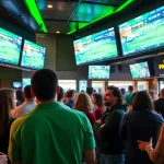 Engaged sports fans enjoying sports betting in California at a vibrant sports bar.